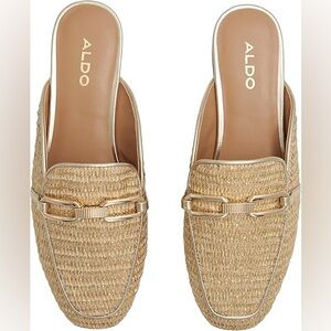 437. ALDO Gold and Tan Woven Mules